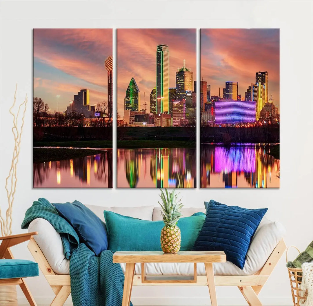 A three-panel wall art titled "Dallas City Lights Sunset Colorful Cloudy Skyline Cityscape View," featuring a city skyline at sunset reflecting on water, crafted on museum-quality canvases.