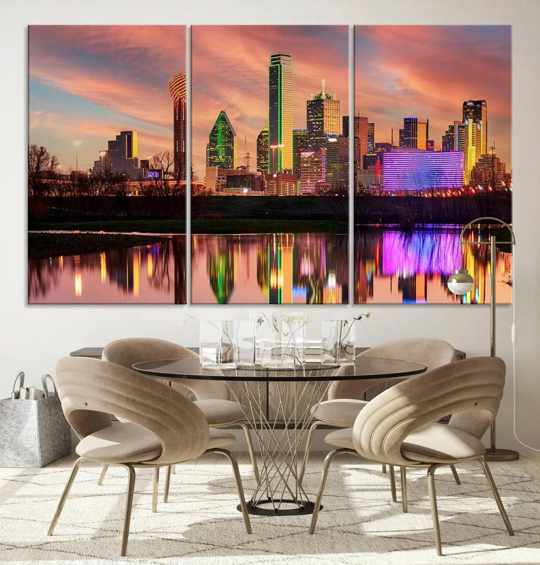 A three-panel wall art titled "Dallas City Lights Sunset Colorful Cloudy Skyline Cityscape View," featuring a city skyline at sunset reflecting on water, crafted on museum-quality canvases.