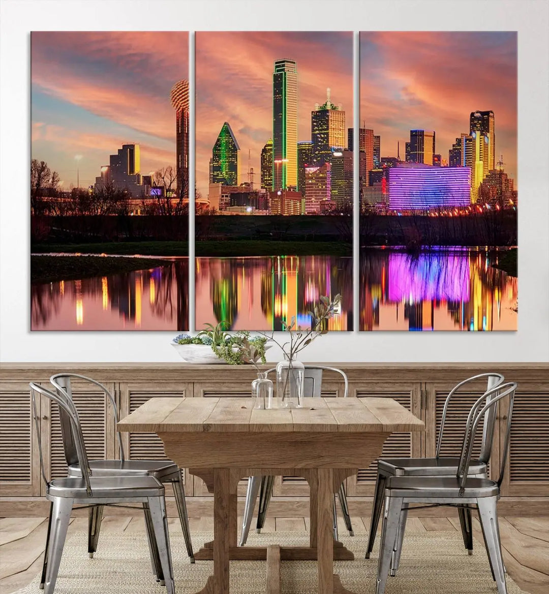 A three-panel wall art titled "Dallas City Lights Sunset Colorful Cloudy Skyline Cityscape View," featuring a city skyline at sunset reflecting on water, crafted on museum-quality canvases.