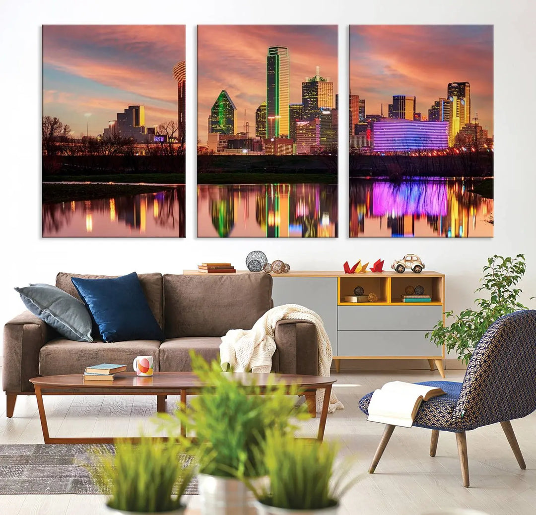 A three-panel wall art titled "Dallas City Lights Sunset Colorful Cloudy Skyline Cityscape View," featuring a city skyline at sunset reflecting on water, crafted on museum-quality canvases.