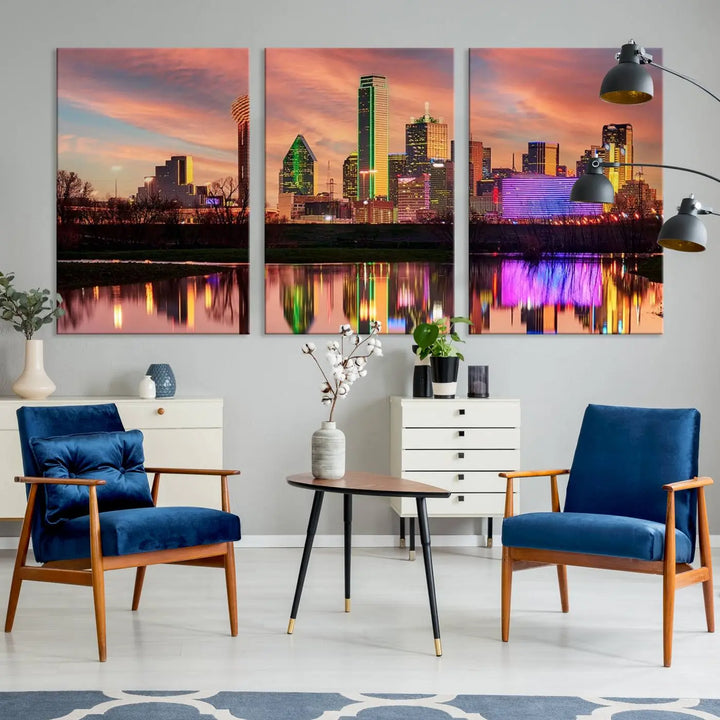 A three-panel wall art titled "Dallas City Lights Sunset Colorful Cloudy Skyline Cityscape View," featuring a city skyline at sunset reflecting on water, crafted on museum-quality canvases.