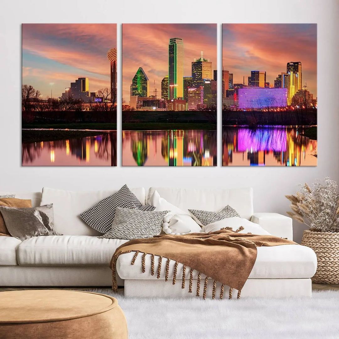 A three-panel wall art titled "Dallas City Lights Sunset Colorful Cloudy Skyline Cityscape View," featuring a city skyline at sunset reflecting on water, crafted on museum-quality canvases.