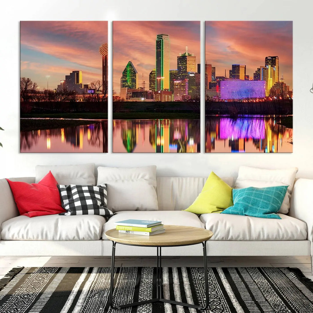 A three-panel wall art titled "Dallas City Lights Sunset Colorful Cloudy Skyline Cityscape View," featuring a city skyline at sunset reflecting on water, crafted on museum-quality canvases.