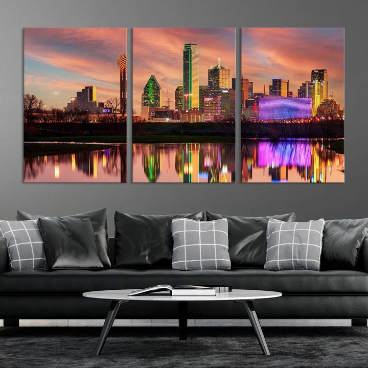 A three-panel wall art titled "Dallas City Lights Sunset Colorful Cloudy Skyline Cityscape View," featuring a city skyline at sunset reflecting on water, crafted on museum-quality canvases.