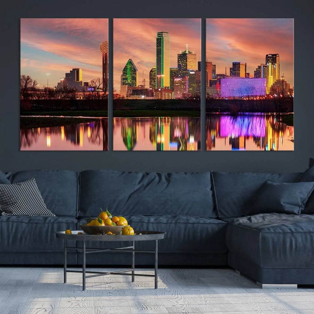 A three-panel wall art titled "Dallas City Lights Sunset Colorful Cloudy Skyline Cityscape View," featuring a city skyline at sunset reflecting on water, crafted on museum-quality canvases.