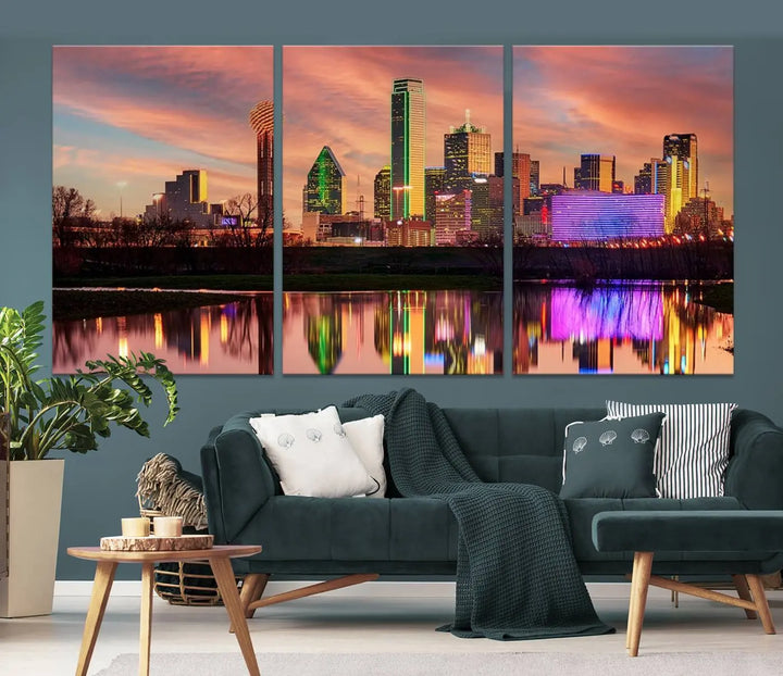 A three-panel wall art titled "Dallas City Lights Sunset Colorful Cloudy Skyline Cityscape View," featuring a city skyline at sunset reflecting on water, crafted on museum-quality canvases.