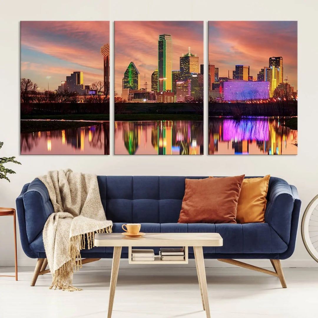 A three-panel wall art titled "Dallas City Lights Sunset Colorful Cloudy Skyline Cityscape View," featuring a city skyline at sunset reflecting on water, crafted on museum-quality canvases.