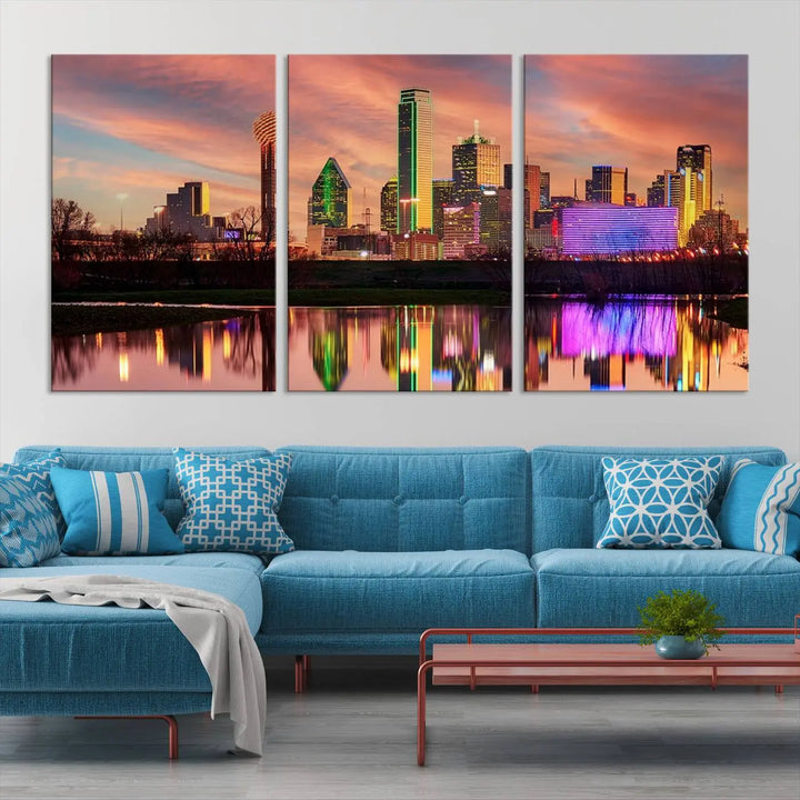 A three-panel wall art titled "Dallas City Lights Sunset Colorful Cloudy Skyline Cityscape View," featuring a city skyline at sunset reflecting on water, crafted on museum-quality canvases.