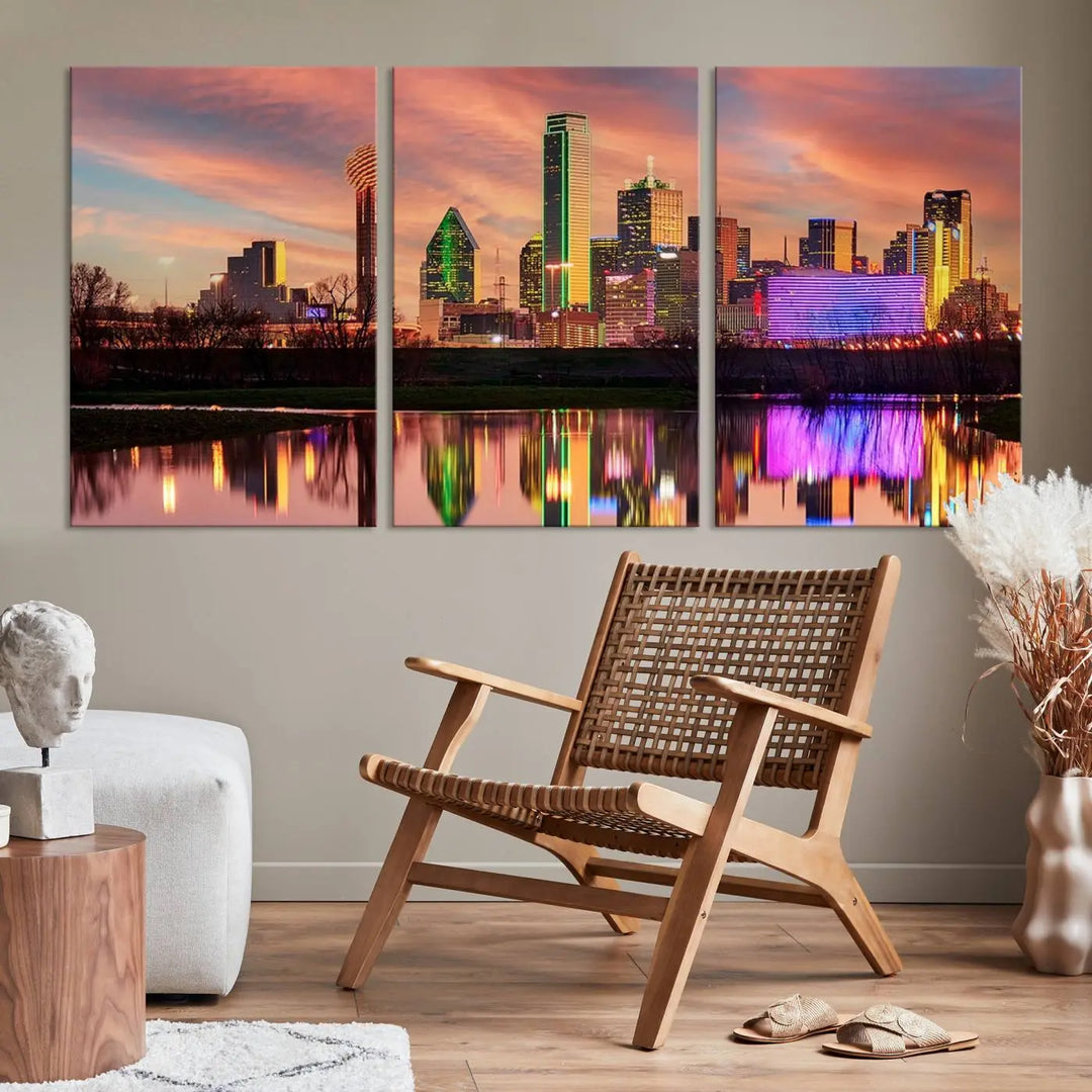 A three-panel wall art titled "Dallas City Lights Sunset Colorful Cloudy Skyline Cityscape View," featuring a city skyline at sunset reflecting on water, crafted on museum-quality canvases.