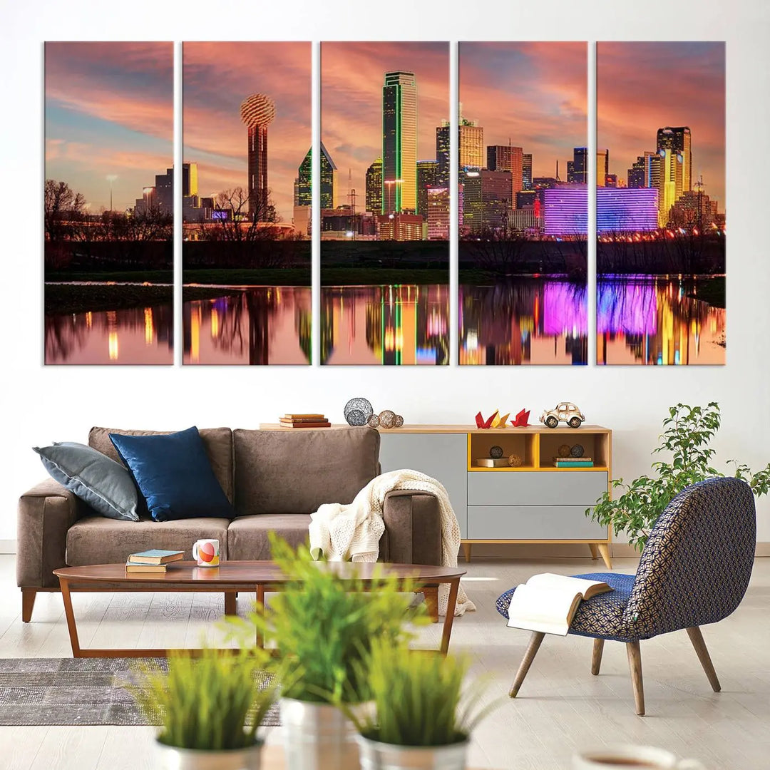 A three-panel wall art titled "Dallas City Lights Sunset Colorful Cloudy Skyline Cityscape View," featuring a city skyline at sunset reflecting on water, crafted on museum-quality canvases.