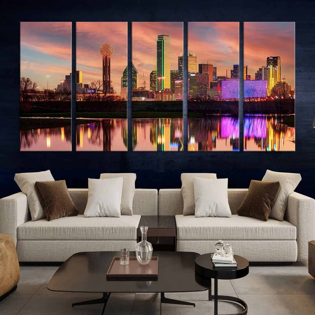 A three-panel wall art titled "Dallas City Lights Sunset Colorful Cloudy Skyline Cityscape View," featuring a city skyline at sunset reflecting on water, crafted on museum-quality canvases.