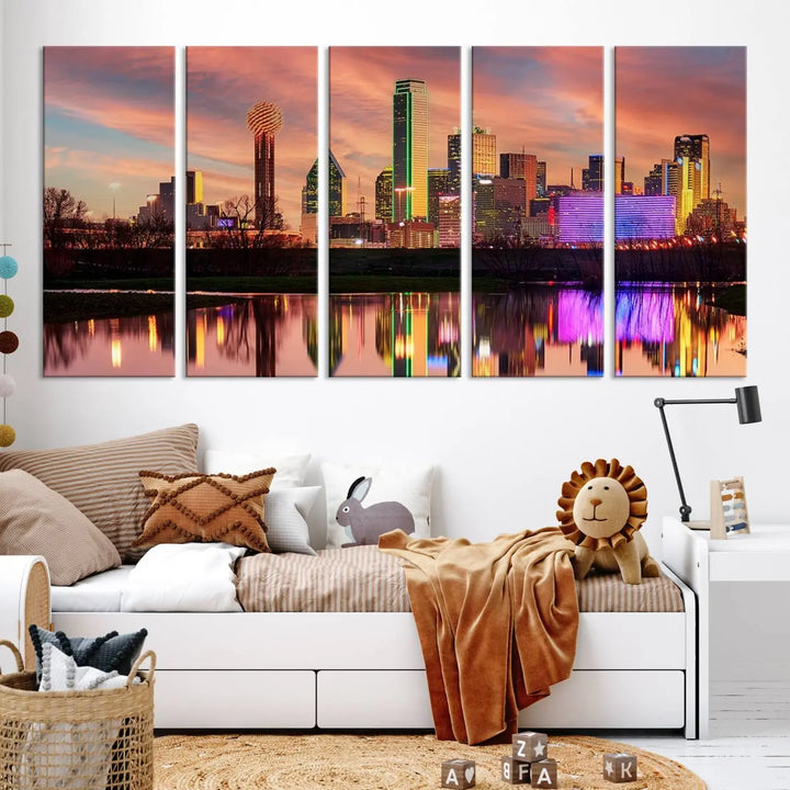 A three-panel wall art titled "Dallas City Lights Sunset Colorful Cloudy Skyline Cityscape View," featuring a city skyline at sunset reflecting on water, crafted on museum-quality canvases.