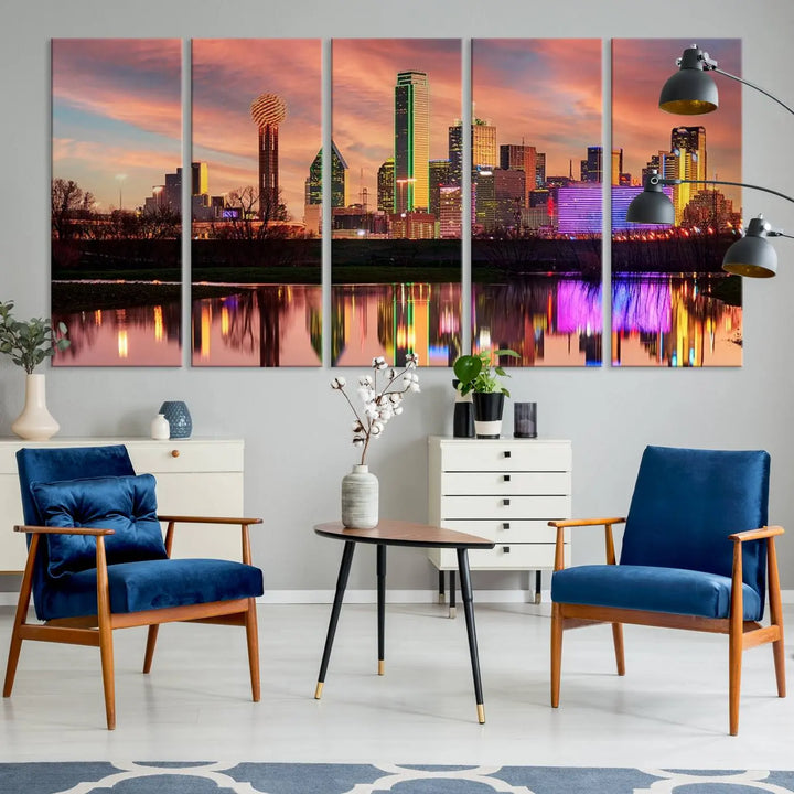 A three-panel wall art titled "Dallas City Lights Sunset Colorful Cloudy Skyline Cityscape View," featuring a city skyline at sunset reflecting on water, crafted on museum-quality canvases.