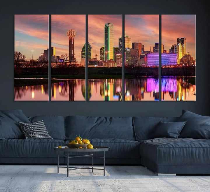 A three-panel wall art titled "Dallas City Lights Sunset Colorful Cloudy Skyline Cityscape View," featuring a city skyline at sunset reflecting on water, crafted on museum-quality canvases.