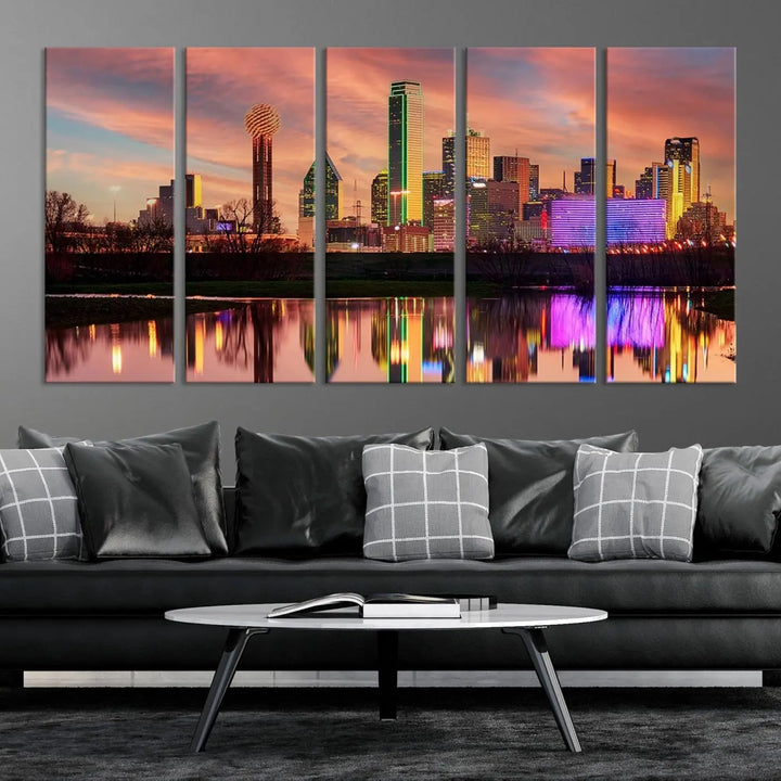 A three-panel wall art titled "Dallas City Lights Sunset Colorful Cloudy Skyline Cityscape View," featuring a city skyline at sunset reflecting on water, crafted on museum-quality canvases.