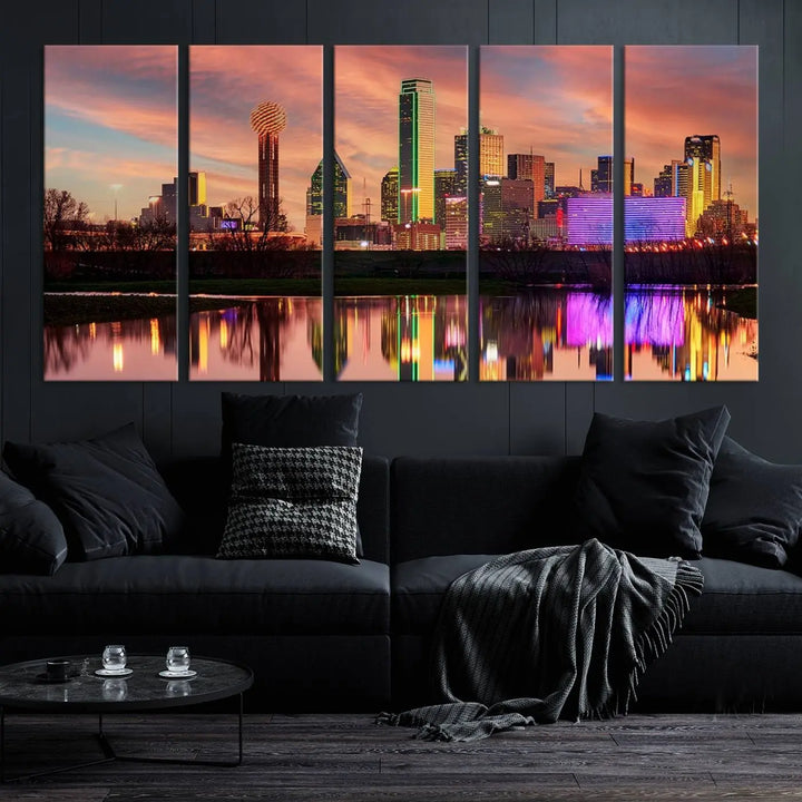 A three-panel wall art titled "Dallas City Lights Sunset Colorful Cloudy Skyline Cityscape View," featuring a city skyline at sunset reflecting on water, crafted on museum-quality canvases.