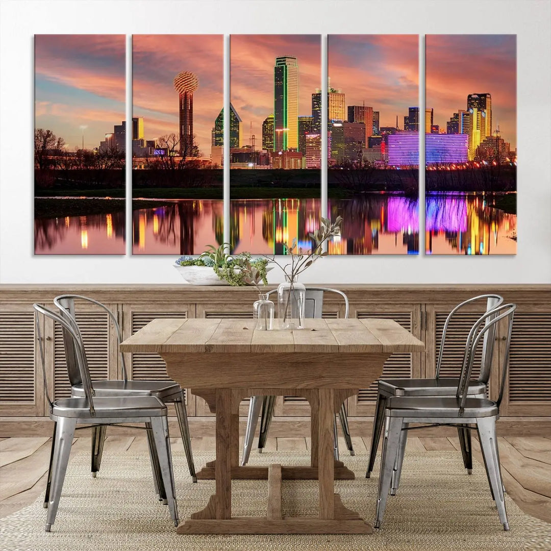 A three-panel wall art titled "Dallas City Lights Sunset Colorful Cloudy Skyline Cityscape View," featuring a city skyline at sunset reflecting on water, crafted on museum-quality canvases.