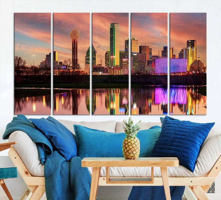 A three-panel wall art titled "Dallas City Lights Sunset Colorful Cloudy Skyline Cityscape View," featuring a city skyline at sunset reflecting on water, crafted on museum-quality canvases.