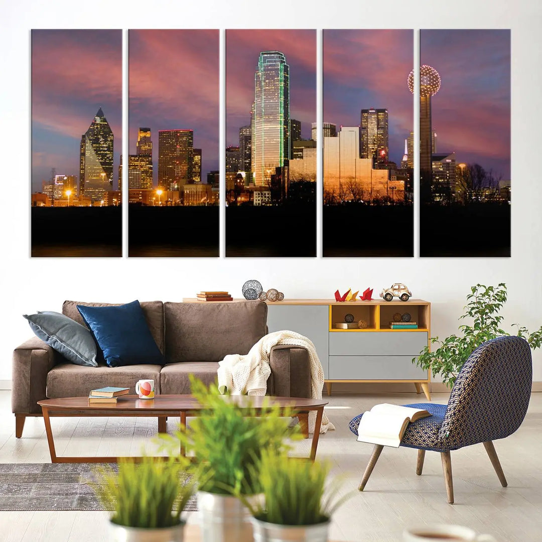 The living room is adorned with the Dallas City Lights Sunset Colorful Cloudy Skyline Cityscape View Wall Art Canvas Print on the wall.