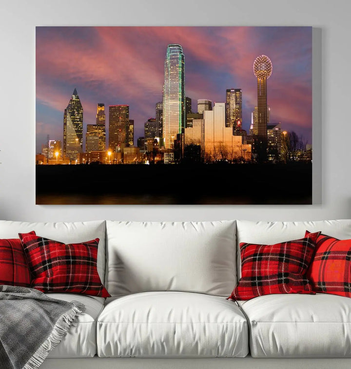 The living room is adorned with the Dallas City Lights Sunset Colorful Cloudy Skyline Cityscape View Wall Art Canvas Print on the wall.