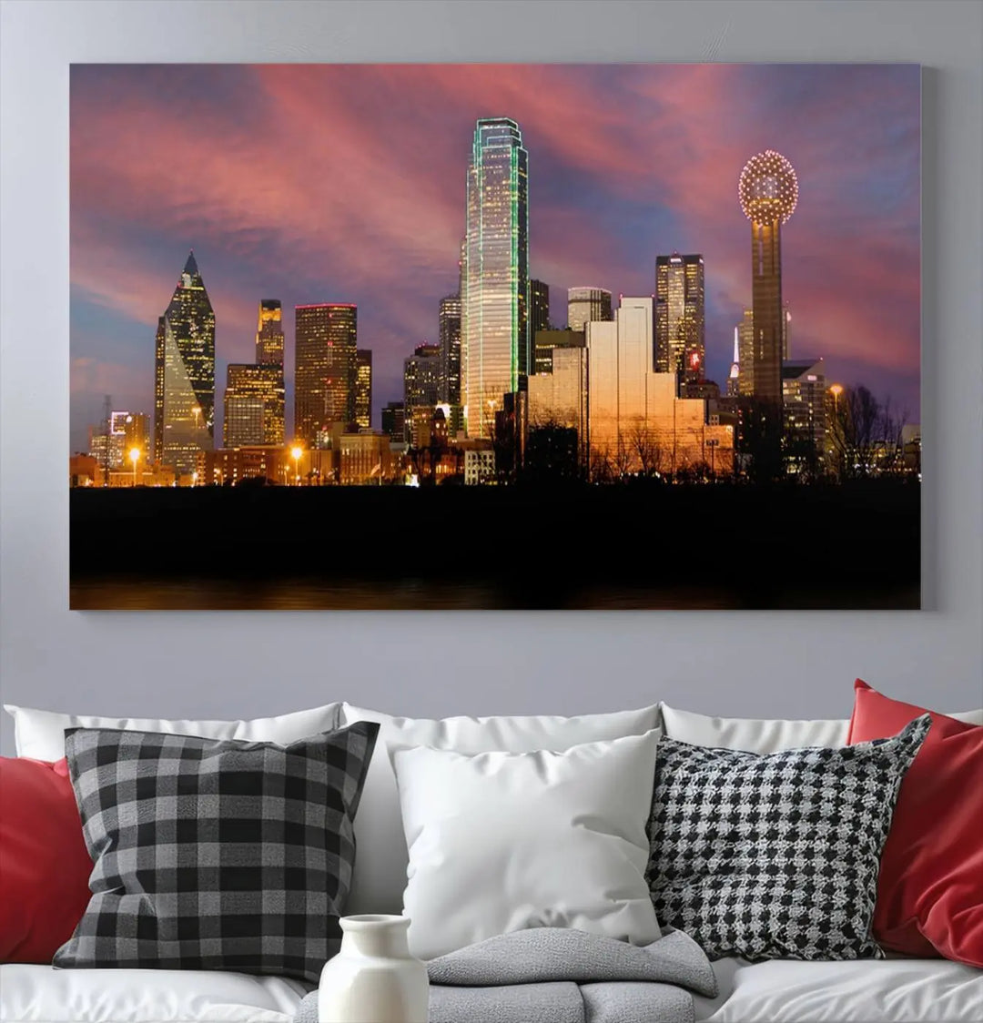 The living room is adorned with the Dallas City Lights Sunset Colorful Cloudy Skyline Cityscape View Wall Art Canvas Print on the wall.