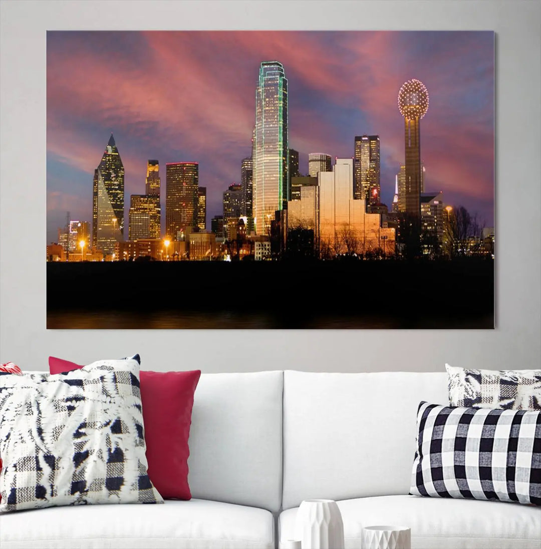 The living room is adorned with the Dallas City Lights Sunset Colorful Cloudy Skyline Cityscape View Wall Art Canvas Print on the wall.