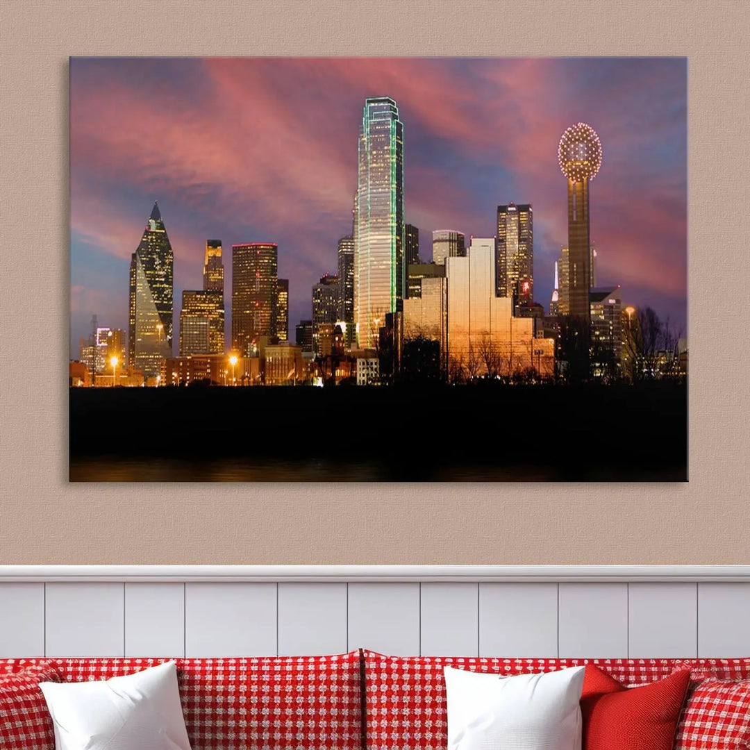 The living room is adorned with the Dallas City Lights Sunset Colorful Cloudy Skyline Cityscape View Wall Art Canvas Print on the wall.