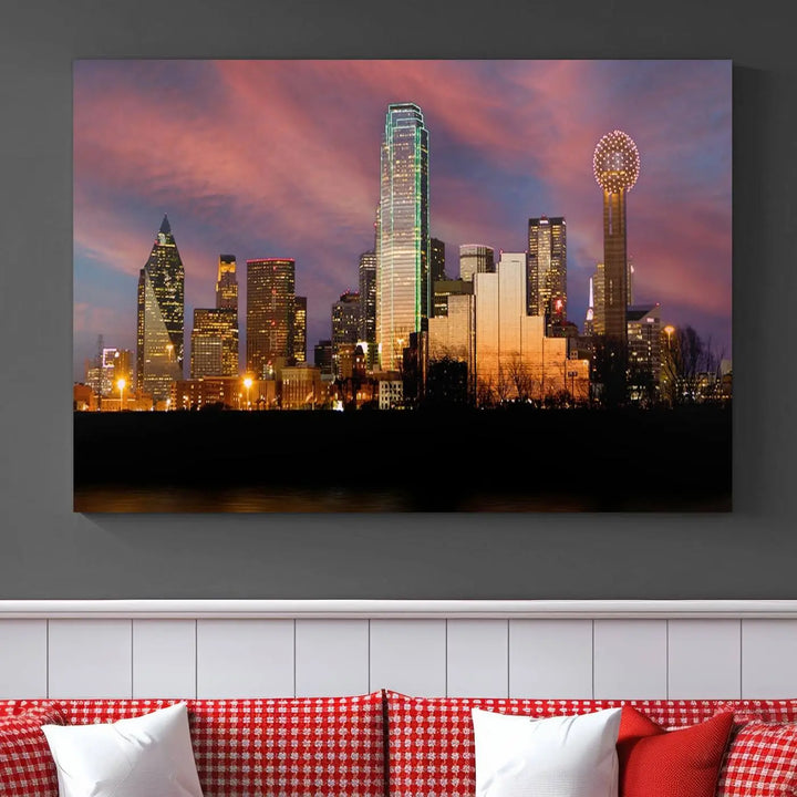 The living room is adorned with the Dallas City Lights Sunset Colorful Cloudy Skyline Cityscape View Wall Art Canvas Print on the wall.