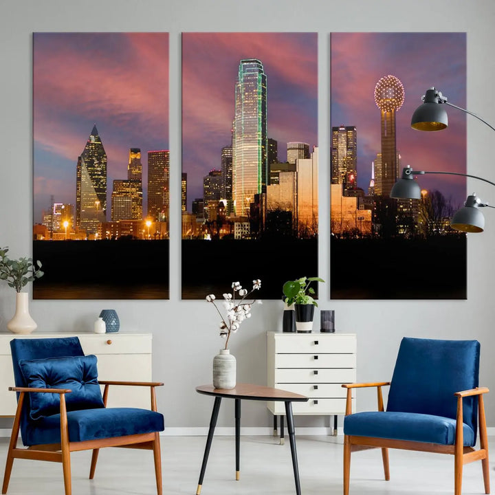 The living room is adorned with the Dallas City Lights Sunset Colorful Cloudy Skyline Cityscape View Wall Art Canvas Print on the wall.