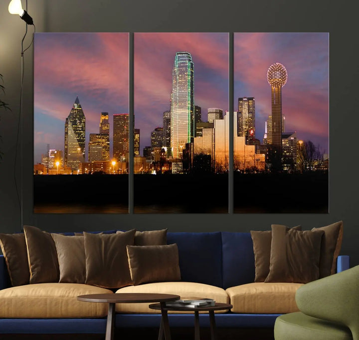 The living room is adorned with the Dallas City Lights Sunset Colorful Cloudy Skyline Cityscape View Wall Art Canvas Print on the wall.