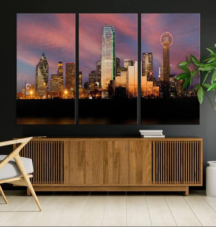 The living room is adorned with the Dallas City Lights Sunset Colorful Cloudy Skyline Cityscape View Wall Art Canvas Print on the wall.