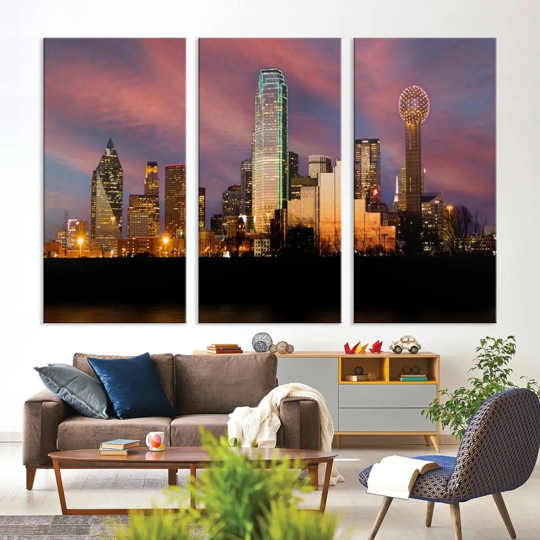 The living room is adorned with the Dallas City Lights Sunset Colorful Cloudy Skyline Cityscape View Wall Art Canvas Print on the wall.