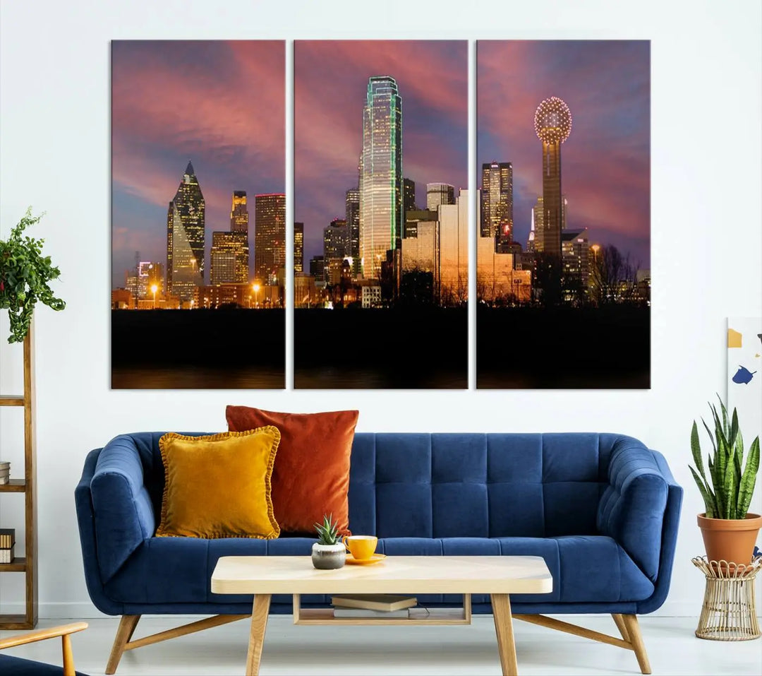 The living room is adorned with the Dallas City Lights Sunset Colorful Cloudy Skyline Cityscape View Wall Art Canvas Print on the wall.