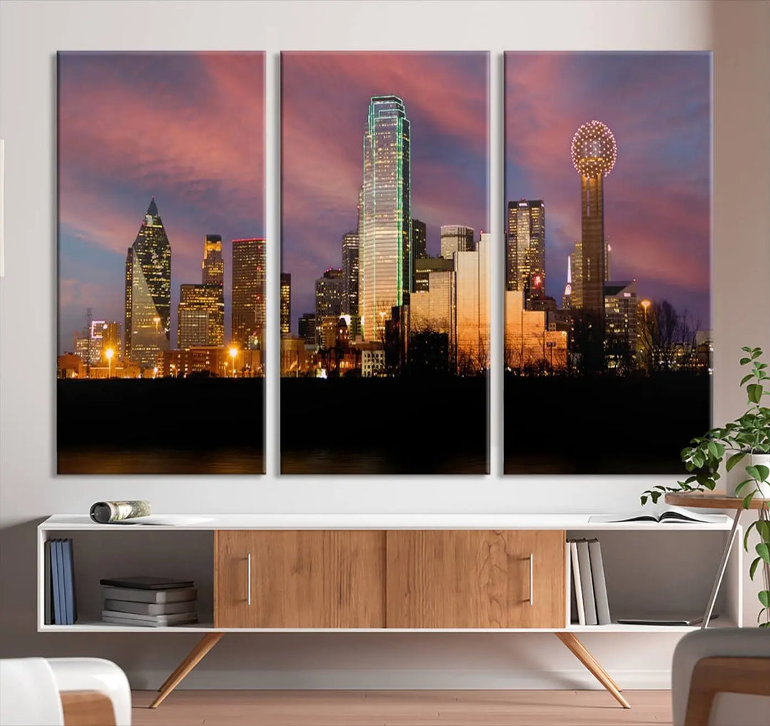 The living room is adorned with the Dallas City Lights Sunset Colorful Cloudy Skyline Cityscape View Wall Art Canvas Print on the wall.