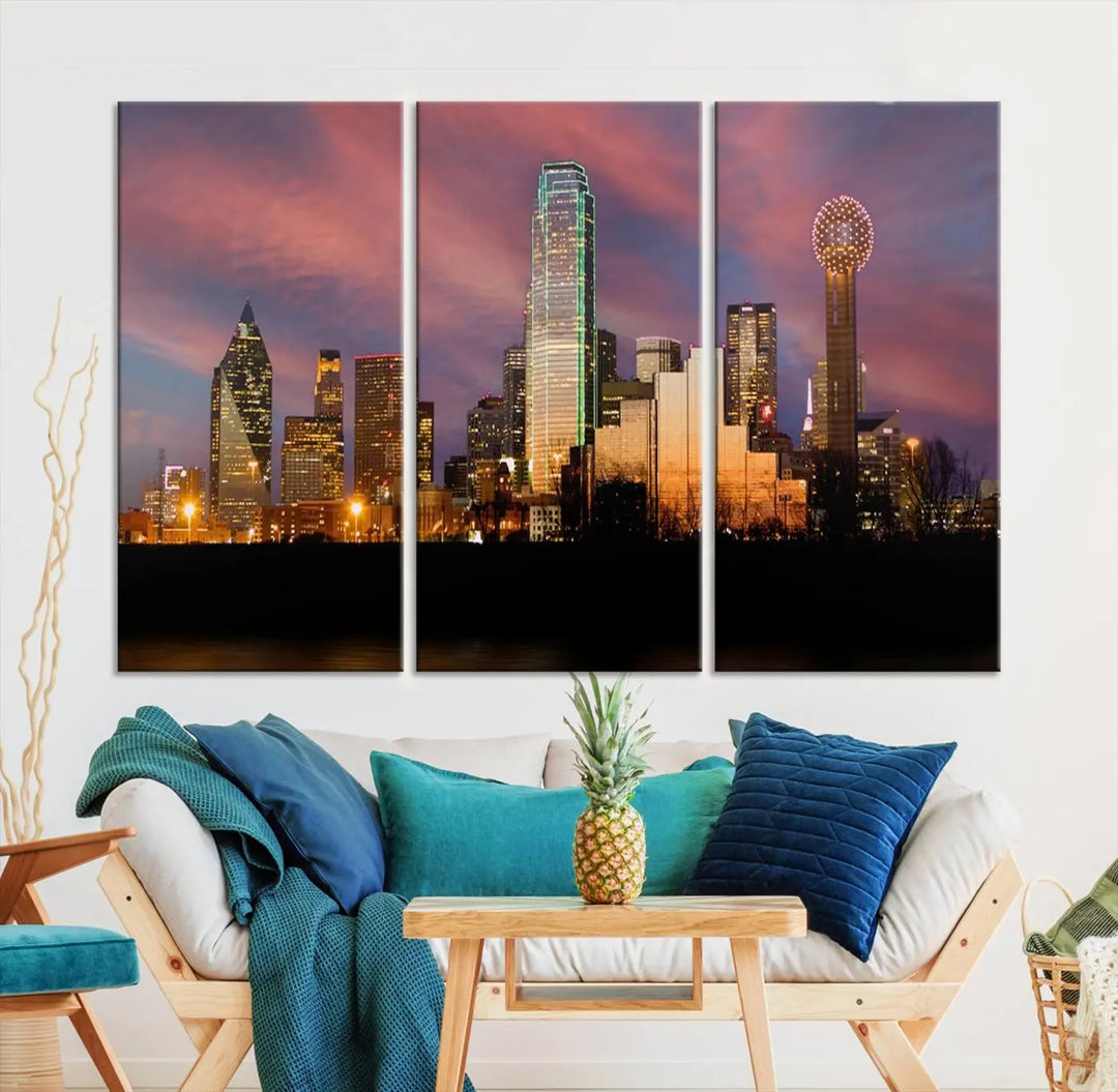 The living room is adorned with the Dallas City Lights Sunset Colorful Cloudy Skyline Cityscape View Wall Art Canvas Print on the wall.