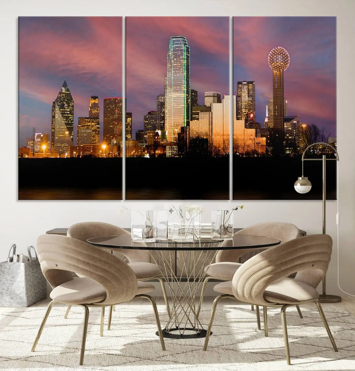 The living room is adorned with the Dallas City Lights Sunset Colorful Cloudy Skyline Cityscape View Wall Art Canvas Print on the wall.