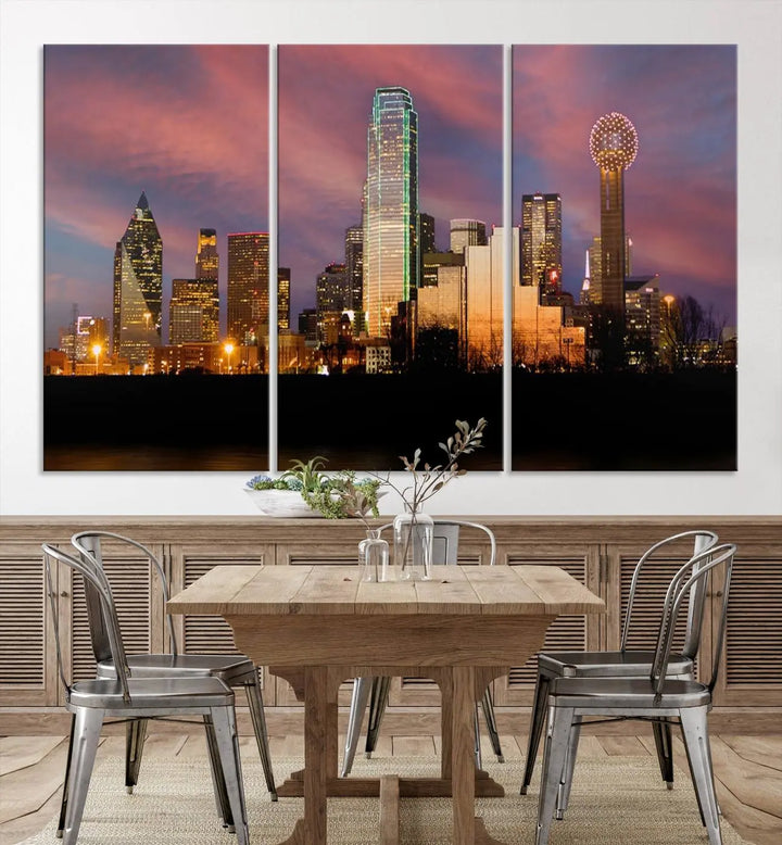 The living room is adorned with the Dallas City Lights Sunset Colorful Cloudy Skyline Cityscape View Wall Art Canvas Print on the wall.