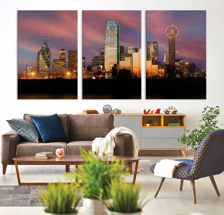 The living room is adorned with the Dallas City Lights Sunset Colorful Cloudy Skyline Cityscape View Wall Art Canvas Print on the wall.