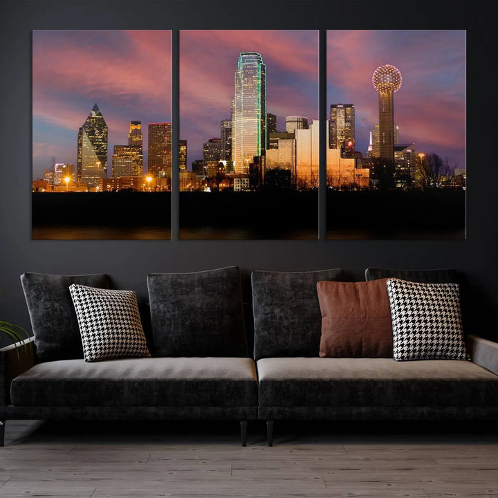 The living room is adorned with the Dallas City Lights Sunset Colorful Cloudy Skyline Cityscape View Wall Art Canvas Print on the wall.