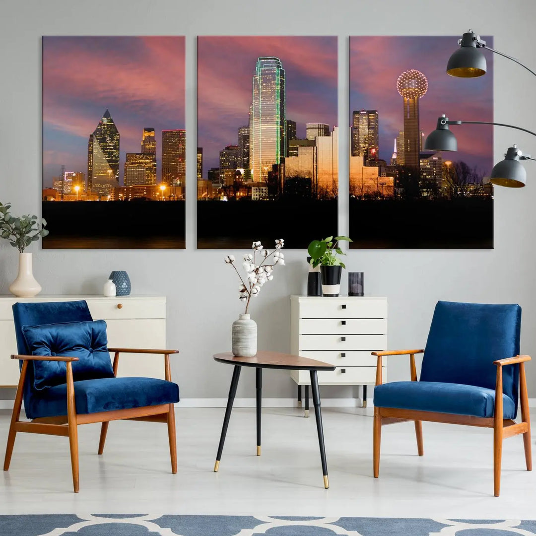 The living room is adorned with the Dallas City Lights Sunset Colorful Cloudy Skyline Cityscape View Wall Art Canvas Print on the wall.