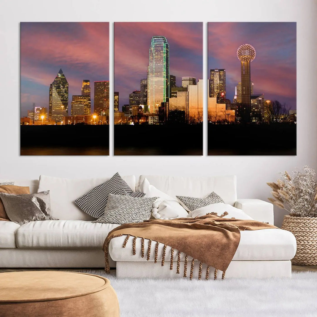 The living room is adorned with the Dallas City Lights Sunset Colorful Cloudy Skyline Cityscape View Wall Art Canvas Print on the wall.