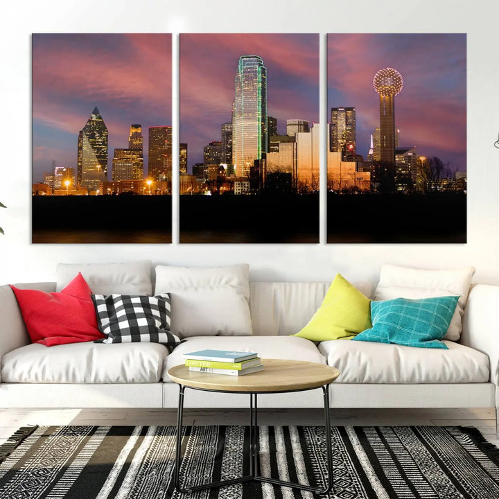 The living room is adorned with the Dallas City Lights Sunset Colorful Cloudy Skyline Cityscape View Wall Art Canvas Print on the wall.