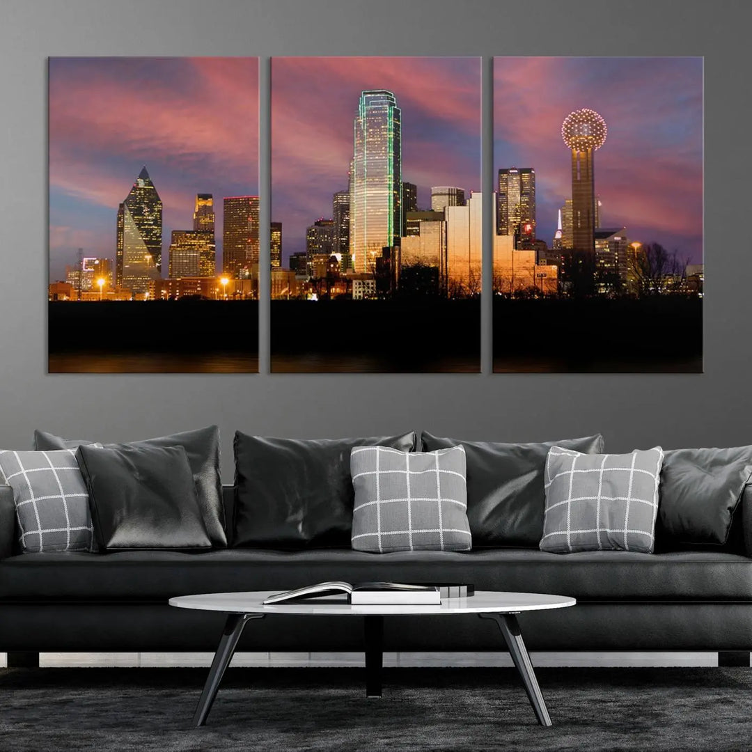 The living room is adorned with the Dallas City Lights Sunset Colorful Cloudy Skyline Cityscape View Wall Art Canvas Print on the wall.