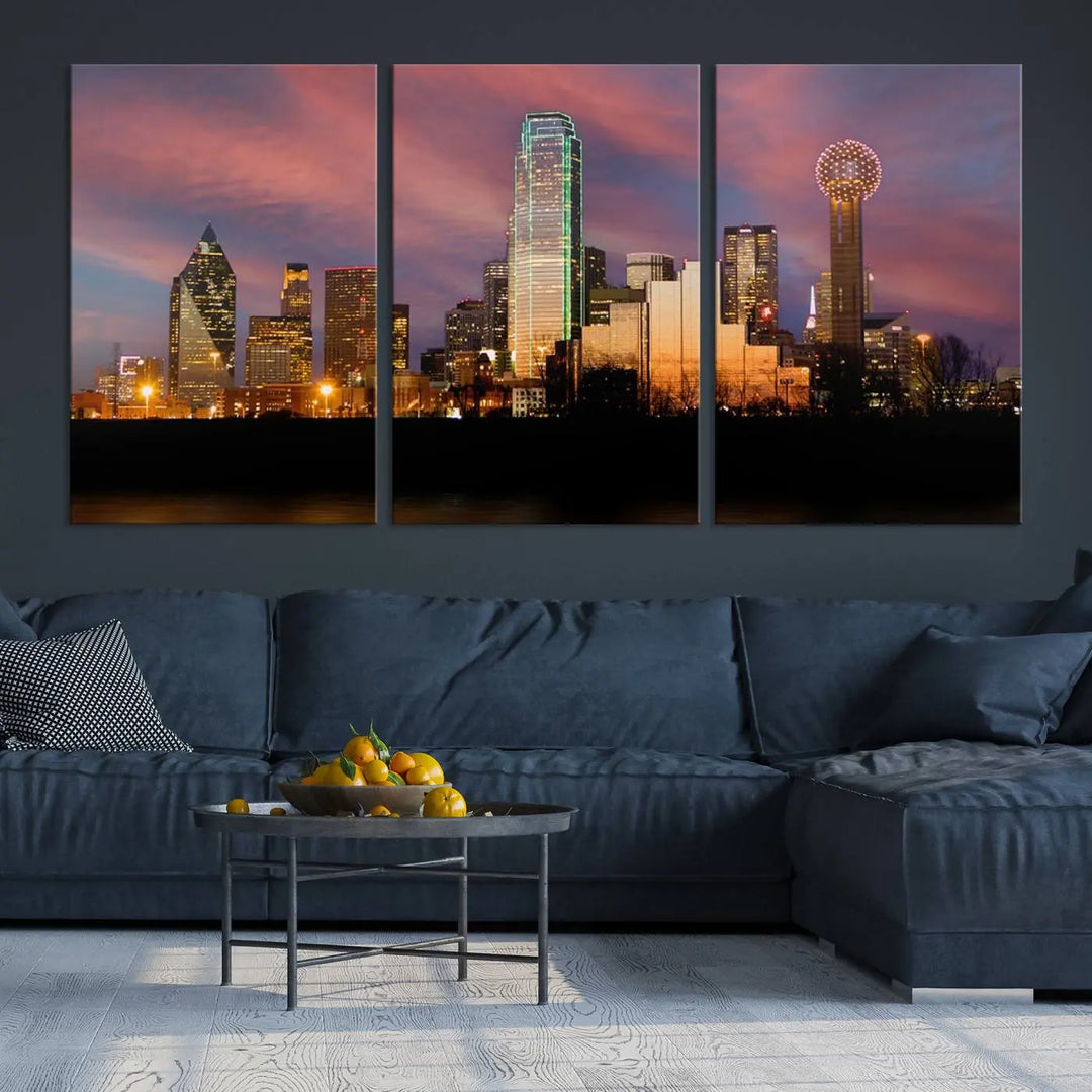 The living room is adorned with the Dallas City Lights Sunset Colorful Cloudy Skyline Cityscape View Wall Art Canvas Print on the wall.