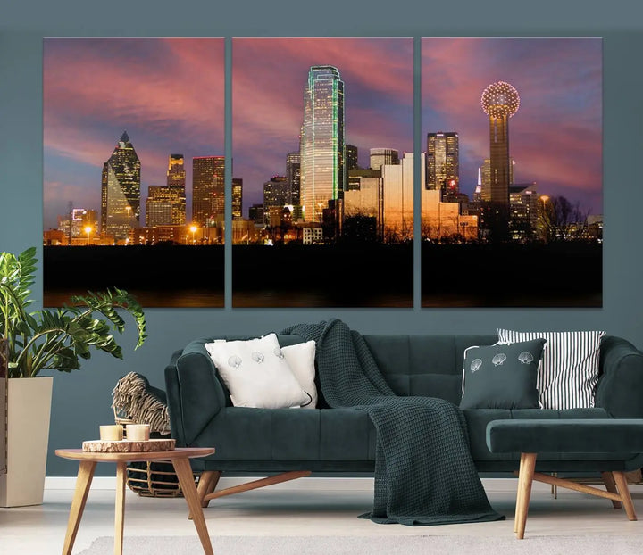 The living room is adorned with the Dallas City Lights Sunset Colorful Cloudy Skyline Cityscape View Wall Art Canvas Print on the wall.