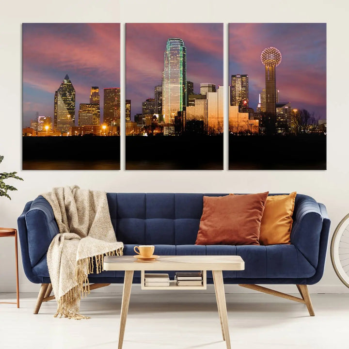 The living room is adorned with the Dallas City Lights Sunset Colorful Cloudy Skyline Cityscape View Wall Art Canvas Print on the wall.