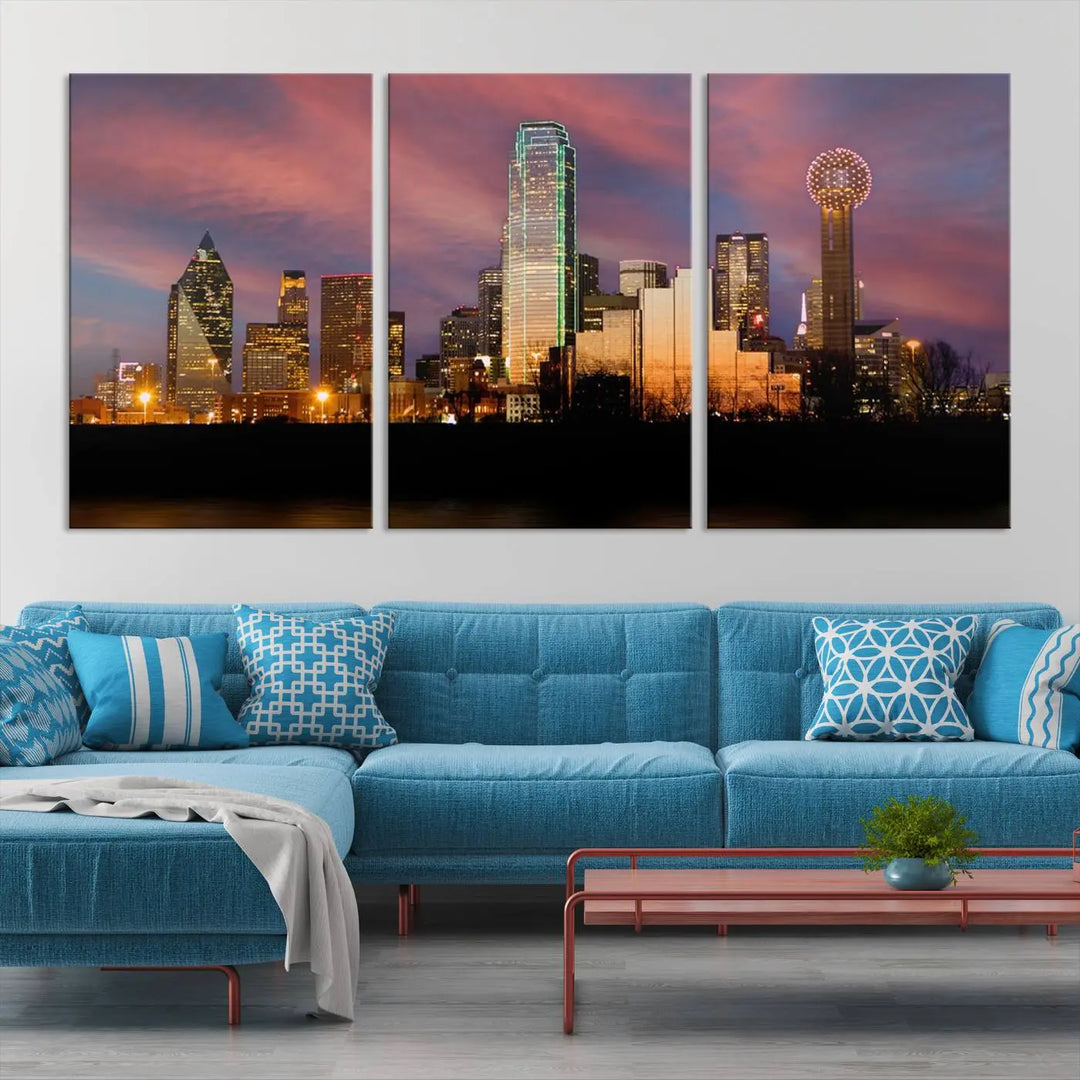 The living room is adorned with the Dallas City Lights Sunset Colorful Cloudy Skyline Cityscape View Wall Art Canvas Print on the wall.