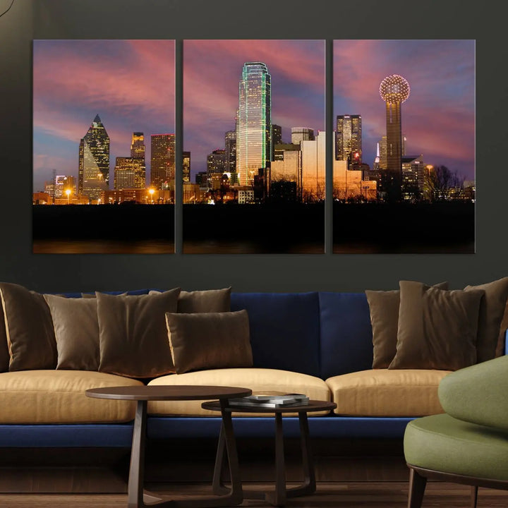 The living room is adorned with the Dallas City Lights Sunset Colorful Cloudy Skyline Cityscape View Wall Art Canvas Print on the wall.