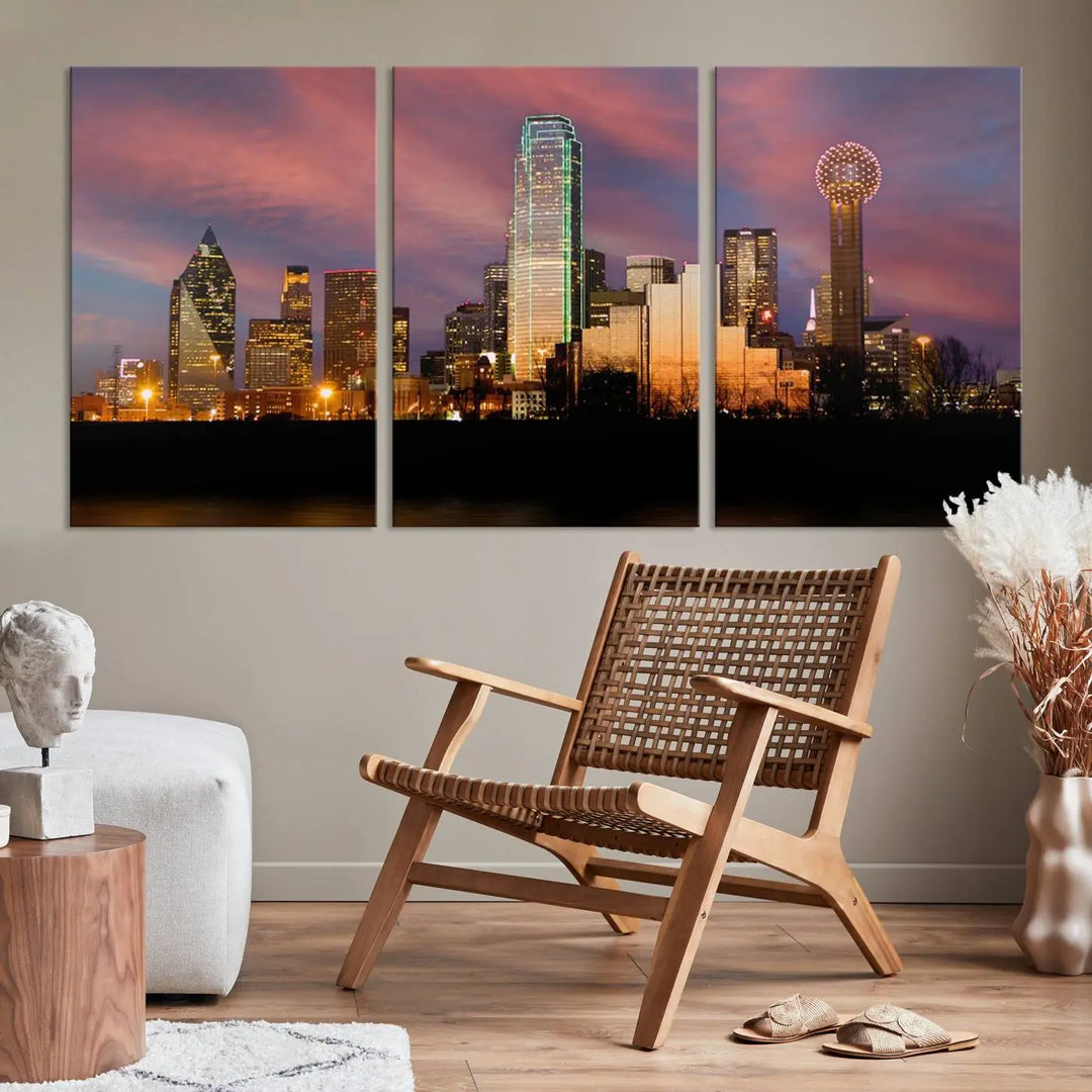 The living room is adorned with the Dallas City Lights Sunset Colorful Cloudy Skyline Cityscape View Wall Art Canvas Print on the wall.