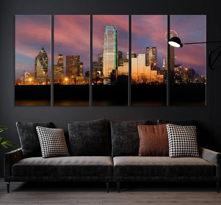 The living room is adorned with the Dallas City Lights Sunset Colorful Cloudy Skyline Cityscape View Wall Art Canvas Print on the wall.